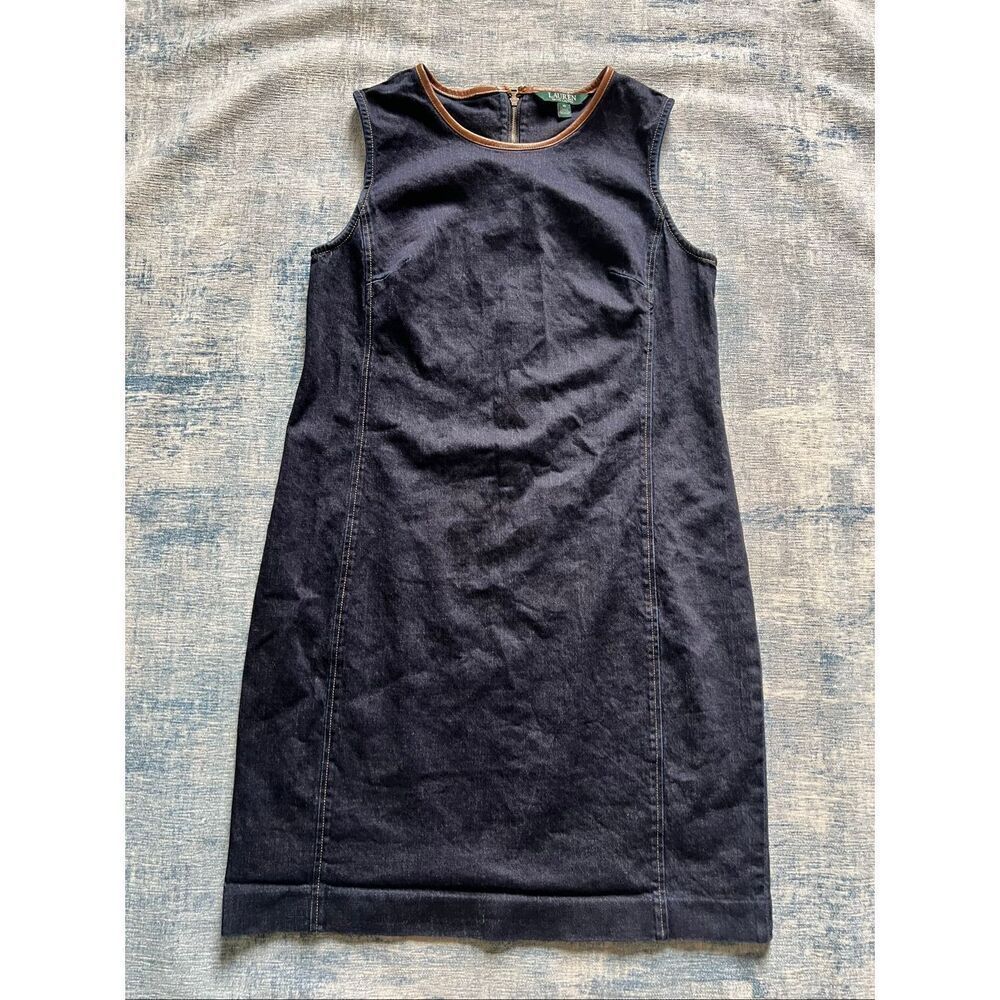 Lauren Ralph Lauren Dianva Denim Leather Trim Casual Dress Size 10